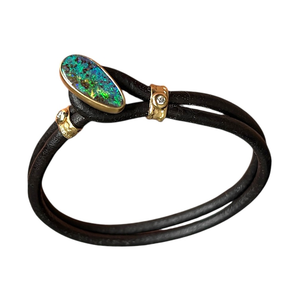 Jamie Joseph 14K Gold, Diamond, Opal and Leather Designer Bracelet Double Strand